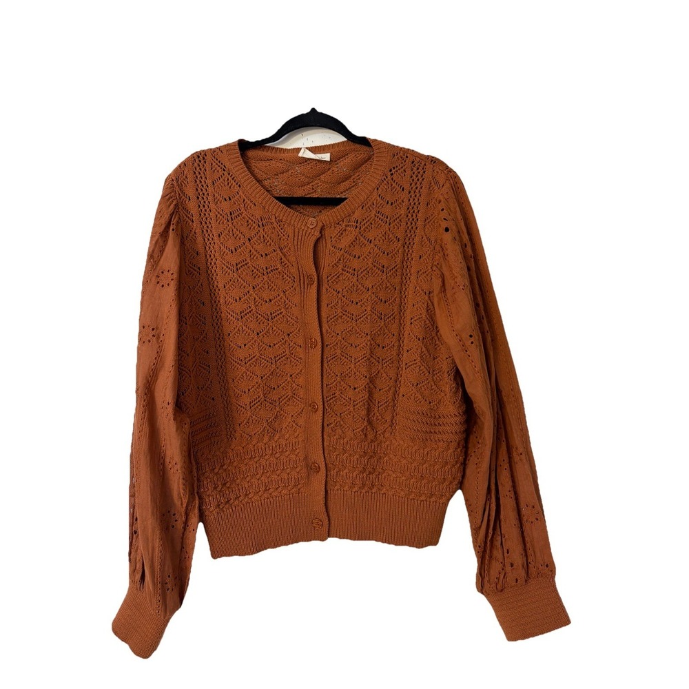 Aaron & Amber Brown Cotton Long Eyelid Puff Sleeve Knit Sweater Cardigan Size L